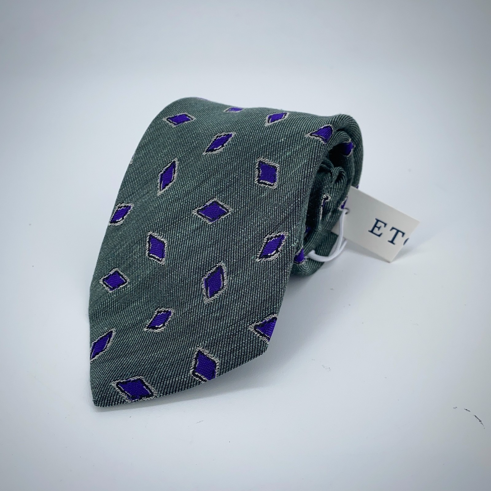 Eton Tie Men One Size Black Green Patterned Silk Luxury Necktie Italy Made